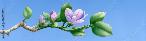 Blooming magnolia branch watercolor illustration tranquil nature scene serene blue sky artistic perspective