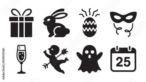 Black Silhouette Icons Set Gift Rabbit Egg Mask Champagne Cupid Ghost Calendar