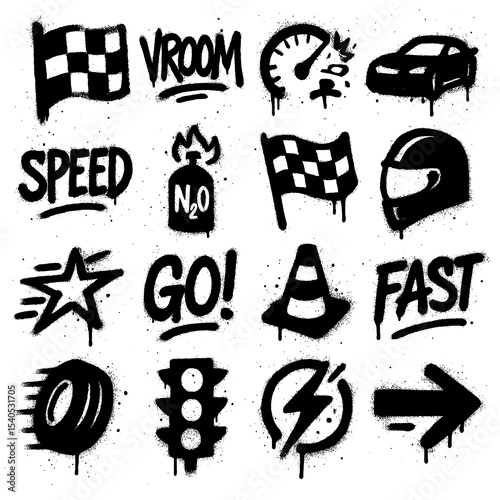 Street Racing & Drift Icons – Spray Paint Style Transparent PNG Symbols