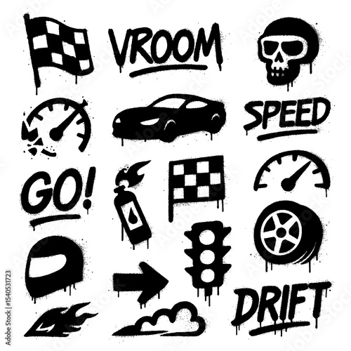 Street Racing & Drift Icons – Spray Paint Style Transparent PNG Symbols