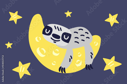 Cute cartoon sloth sleeping on the moon by stars in a dreamy night sky. Vector cartoon illustration.