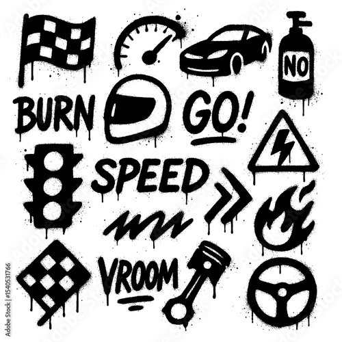 Street Racing & Drift Icons – Spray Paint Style Transparent PNG Symbols