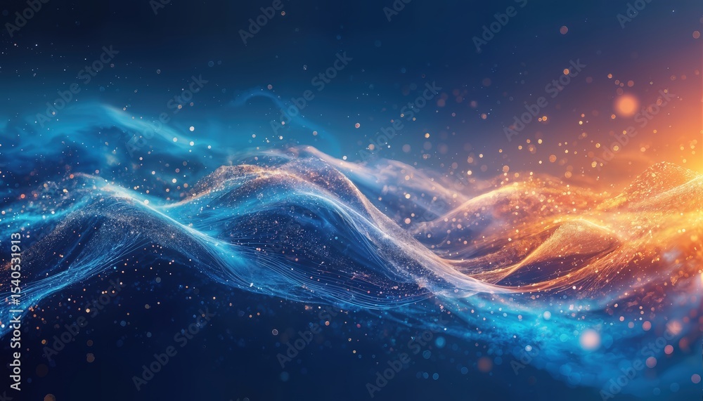 Fototapeta premium a vibrant digital wave of blue and orange particles flows across a dark, speckled background creating a dynamic and futuristic visual effect.