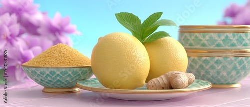 Vibrant kitchen prep scene featuring fresh lemons and ginger indoor setting hyper-realistic photography
