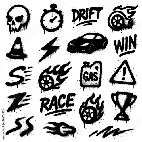 Street Racing & Drift Icons – Spray Paint Style Transparent PNG Symbols