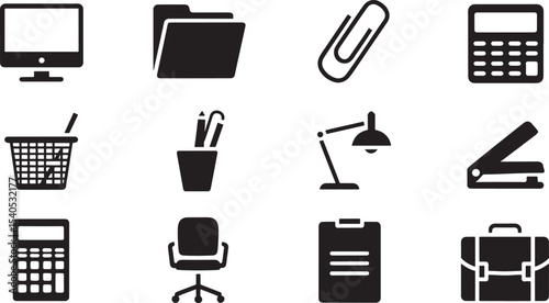 Ten Black Office Supply Icons Vector Silhouettes office supplies