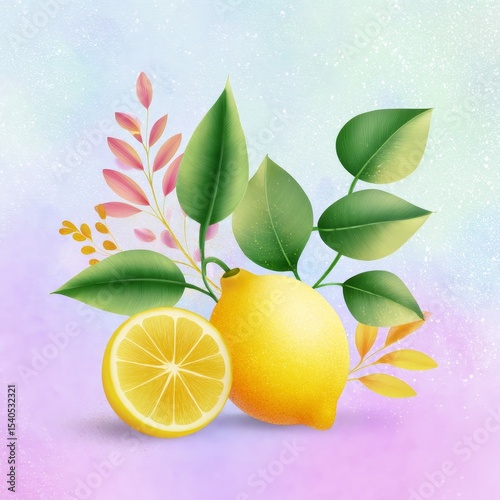 Stylized lemon watercolor art food journal page colorful background creative design artistic concept