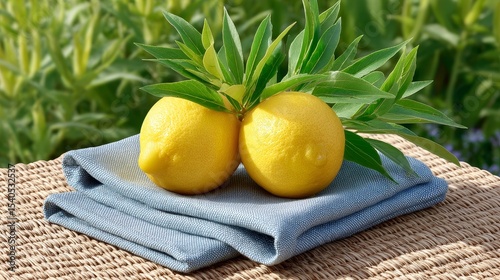 Citrus harvest celebration fresh lemons on a blue cloth nature setting outdoor viewpoint culinary concept