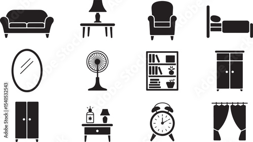 Ten Black Silhouette Home Furniture Icons Vector Set 1