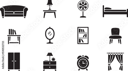 Ten Black Silhouette Home Furniture Icons Vector Set
