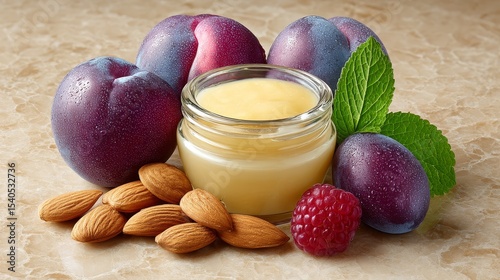 Fresh plums and almonds with creamy dip kitchen table food arrangement natural lighting aesthetic appeal