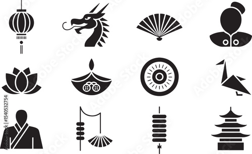 Ten Black Silhouette Icons Asian Culture Symbols vector