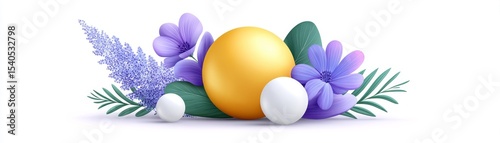 Vibrant floral arrangement with golden sphere nature scene flat design illustration calm environment eye-level view