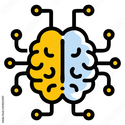 Doodle Style Brain Icon with Fiber Optic Synaptic Connections - Hand-Drawn Neuroscience Vector Illustration