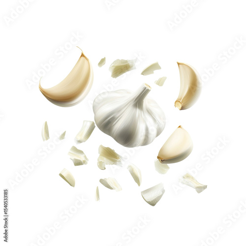 Whole Garlic Bulb and Chopped Cloves Falling on Black Background