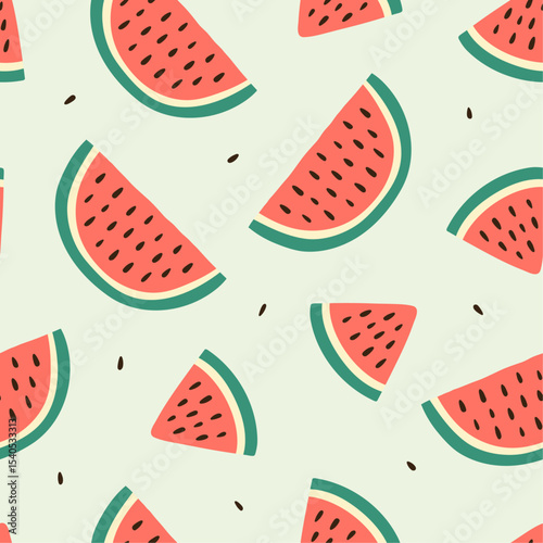 Seamless pattern with watermelon slices and pits. Vector fruit design.
