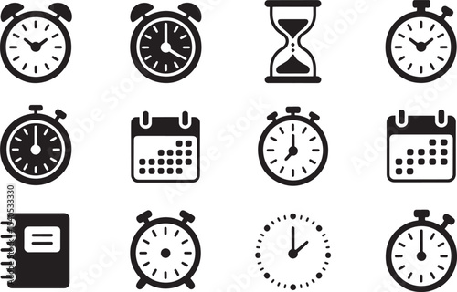 Ten Black Silhouette Vector Time Icons Clocks Calendars