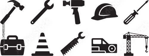 Ten Black Silhouettes Construction Tools Icons vector