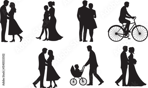 Ten Black Silhouettes Couples Family Baby Bicycle vector