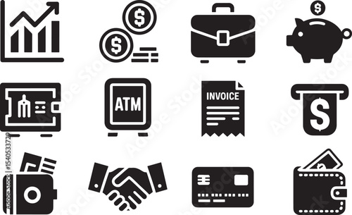 Ten Black Silhouettes Finance Icons Set money business
