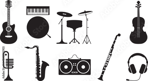 Ten Black Silhouettes Musical Instruments white background