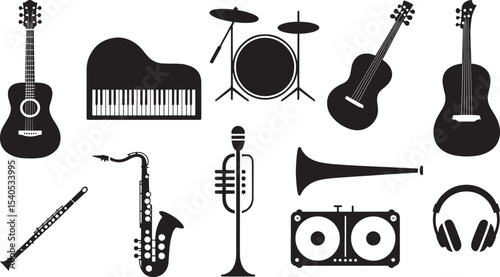 Ten Black Silhouettes of Musical Instruments white background