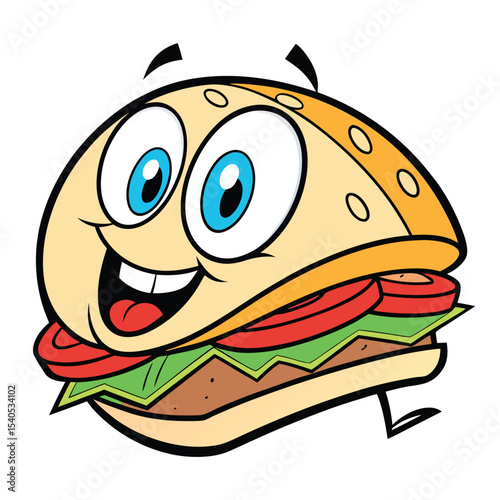 Cheerful Cartoon Burger Character Big Eyes, Smiling Face, Vector Illustration