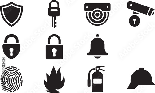 Ten Black Vector Security Safety Icons Set silhouette