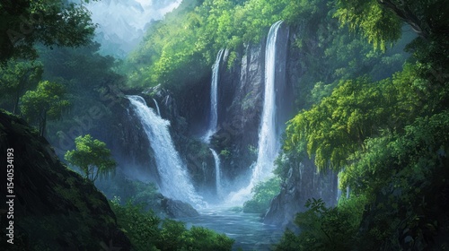 Serene Waterfall Paradise: A Lush Tropical Oasis