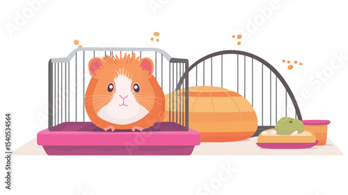 A digital illustration depicting a cartoon guinea pig inside a pink and metal cage. The guinea pig is orange and white, with a large head and small body, styled in a cute, cartoonish manner. 