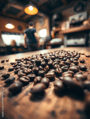 Coffee beans scattered on a rustic wooden table as a barista prepares to brew in a warm, inviting café interior