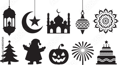 Ten Festive Black Silhouettes Holiday Symbols vector