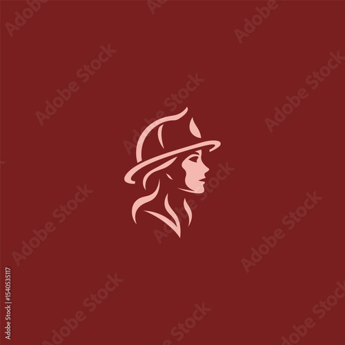 Female firefighter logo in bold and heroic illustration style.