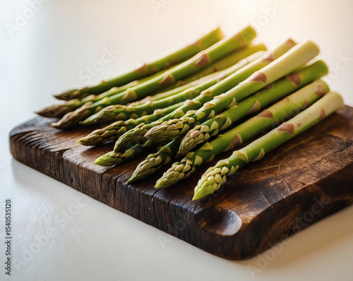 Freshly harvested asparagus arranged artistically on a rustic wooden cutting board in a bright kitchen