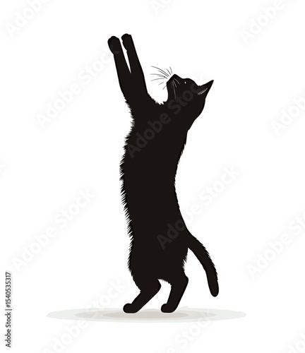 A playful black cat stretching upward, vibrant and full of life.