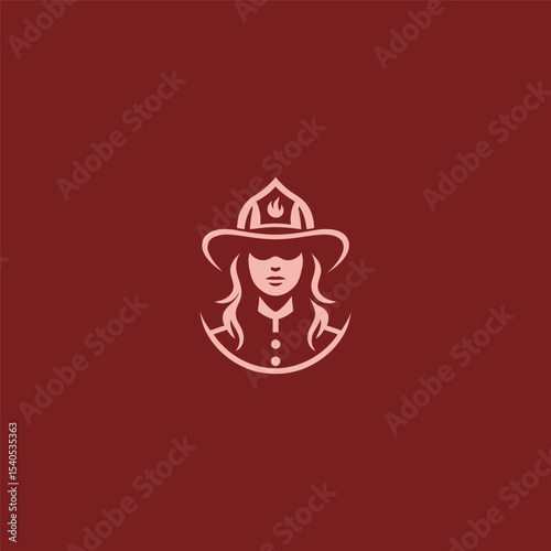 Female firefighter logo in bold and heroic illustration style.