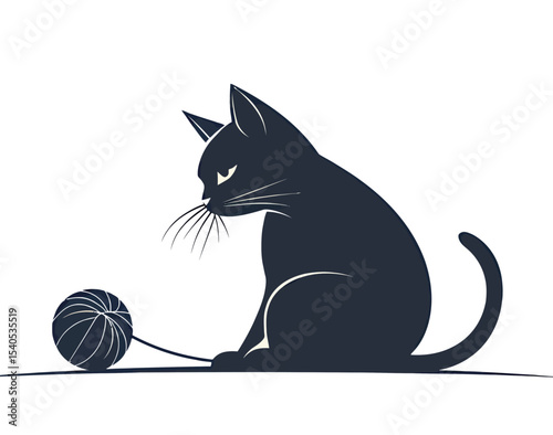 Silhouette of a cat playing with a ball of yarn.