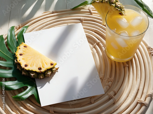 Tropical refreshment awaits with a vibrant drink and fresh pineapple on a sunny summer afternoon