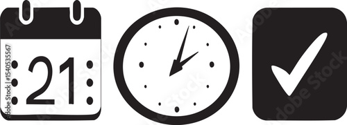 Bold Black Calendar, Clock, and Checkmark Icons – Silhouette Vector Set for Time Management and Scheduling Concepts