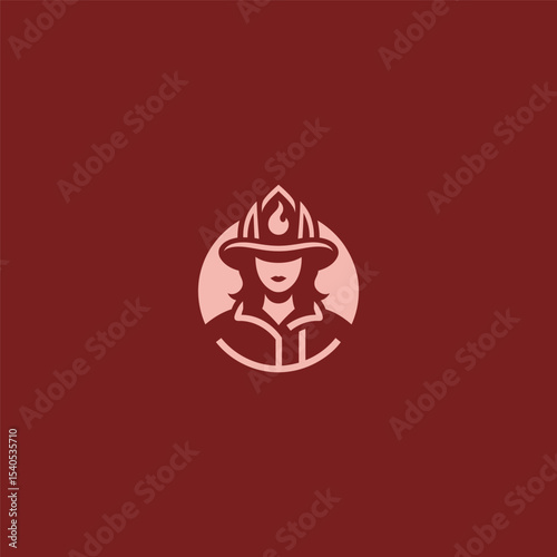 Female firefighter logo in bold and heroic illustration style.