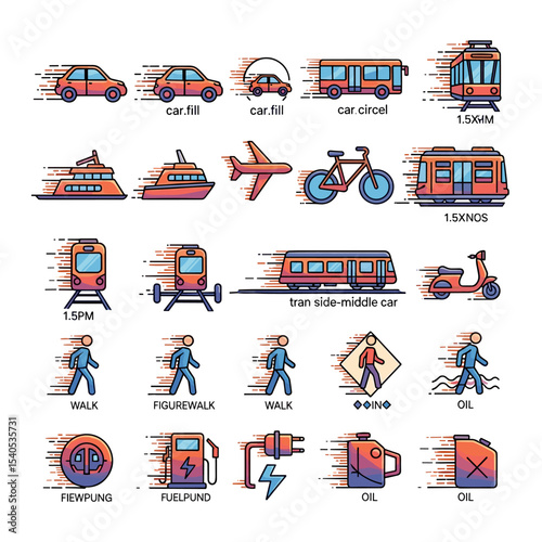 Transportation Icons: A vibrant collection of illustrated transportation icons, showcasing diverse modes of travel from cars to planes and everything in between.