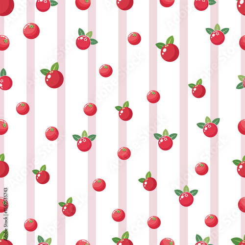 Seamless Vector Pattern of Red Cranberries with Green Leaves and Soft Pink Stripes.