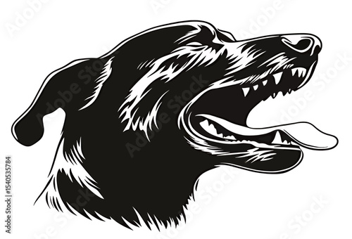 Stylized black silhouette of a dog with open mouth and tongue out.