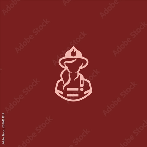 Female firefighter logo in bold and heroic illustration style.