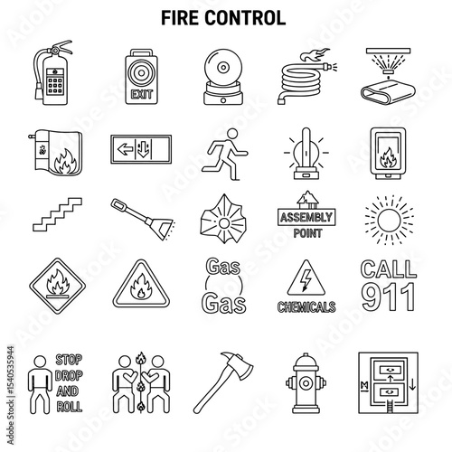 Fire Safety Icons: A detailed compilation of essential fire safety icons, designed to educate and assist in the event of a fire emergency. The illustrations clearly depict various tools, instructions.