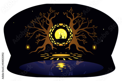 Stylish Black Tree Artwork with Hanging Lanterns and Flame Top