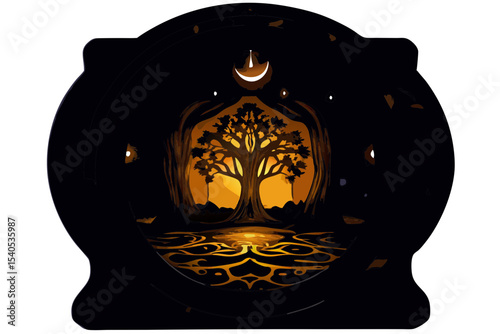Fantasy Tree Silhouette with Lanterns and Mystical Aura