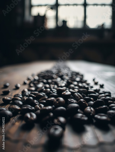 Dark roasted coffee beans scattered on a rustic wooden table with warm ambient lighting during a cozy morning