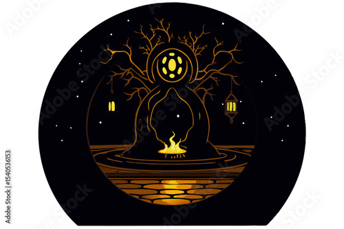 Unique Black and Gold Tree Art with Detailed Roots and Star Patterns