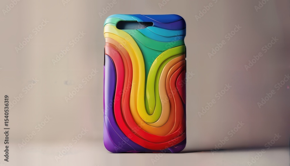 Fototapeta premium a vibrant, layered rainbow design covers this sleek phone case presented against a soft, neutral backdrop.